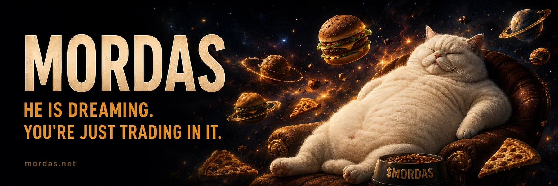MORDAS — an enormous white cat asleep among orbiting burgers, with a $MORDAS food bowl